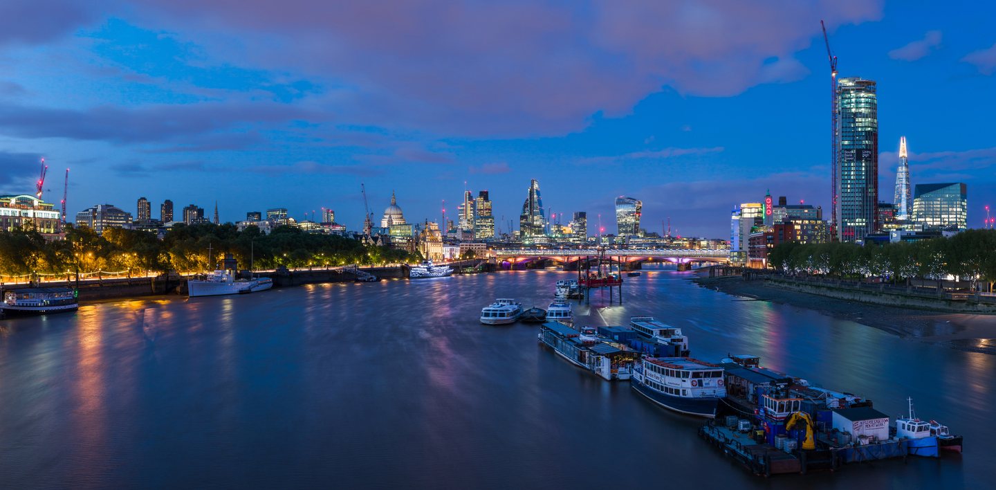 London skyline viewed along the River Thames from Waterloo Bridge