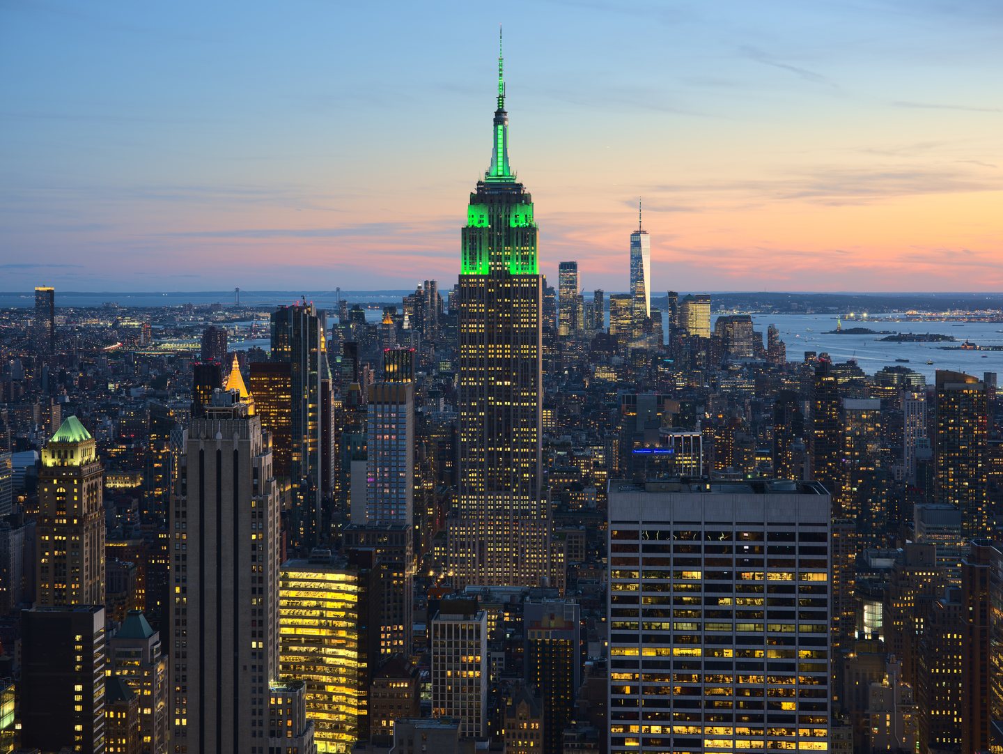 New York City skyline with the Empire State Building at sunset