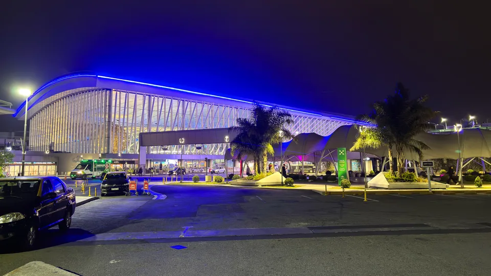 Ezeiza International Airport terminal exterior at night